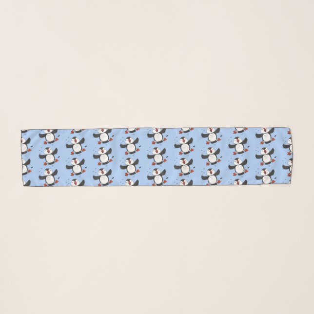 Cute happy flying puffin blue cartoon illustration scarf (Front (Horizontal))