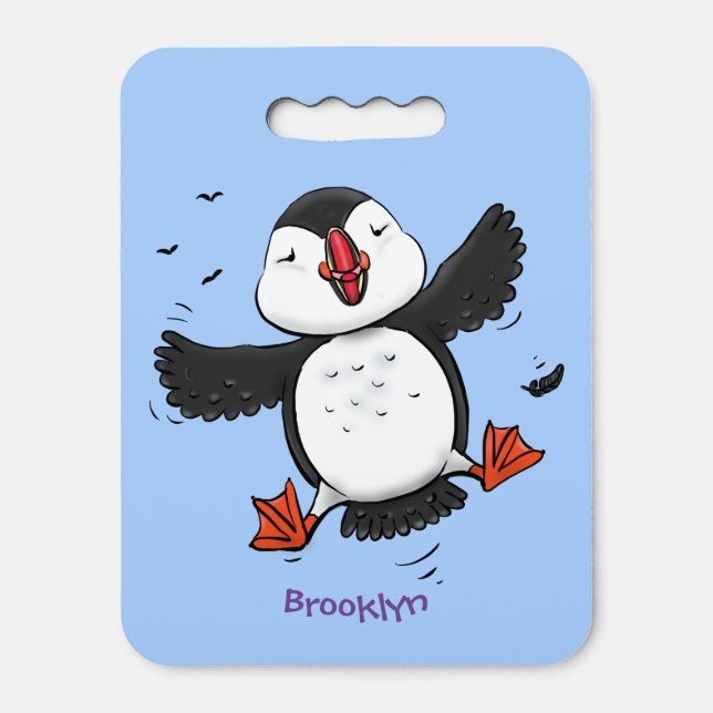 Cute happy flying puffin blue cartoon illustration seat cushion (Front Vertical)