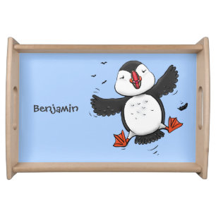Cute happy flying puffin blue cartoon illustration serving tray
