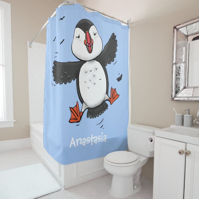 Cute happy flying puffin blue cartoon illustration shower curtain (In Situ)