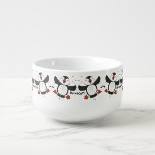 Cute happy flying puffin blue cartoon illustration soup mug