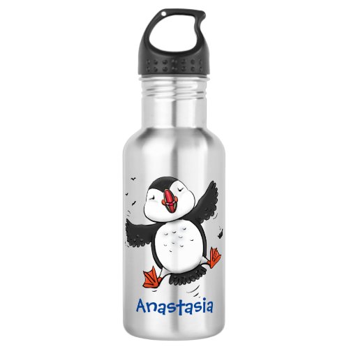 Cute happy flying puffin blue cartoon illustration stainless steel water bottle
