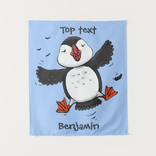 Cute happy flying puffin blue cartoon illustration tapestry