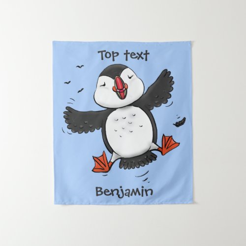 Cute happy flying puffin blue cartoon illustration tapestry