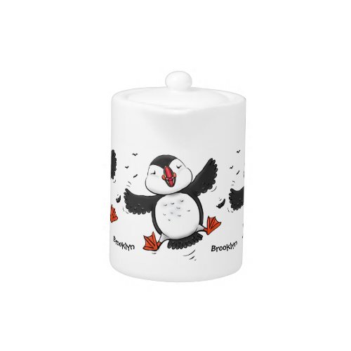 Cute happy flying puffin blue cartoon illustration teapot