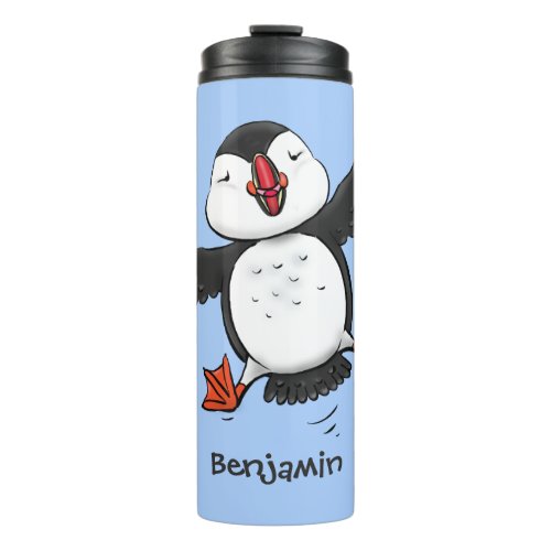 Cute happy flying puffin blue cartoon illustration thermal tumbler