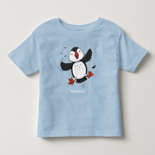 Cute happy flying puffin blue cartoon illustration toddler t-shirt (Front)