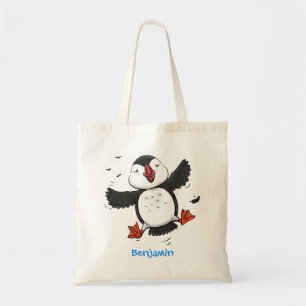 Cute happy flying puffin blue cartoon illustration tote bag