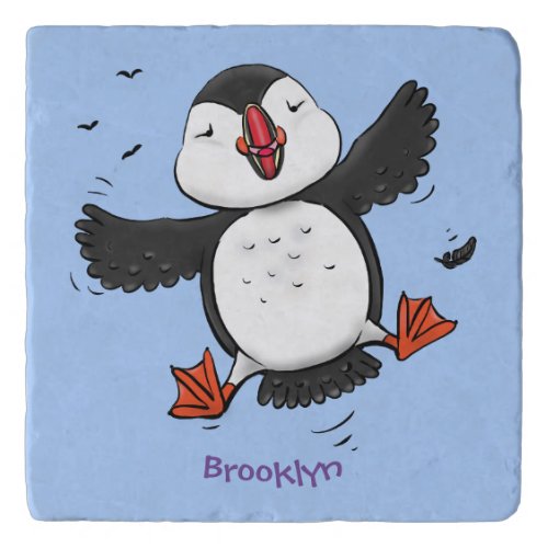 Cute happy flying puffin blue cartoon illustration trivet