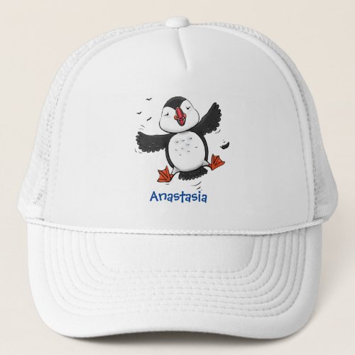 Cute happy flying puffin blue cartoon illustration trucker hat