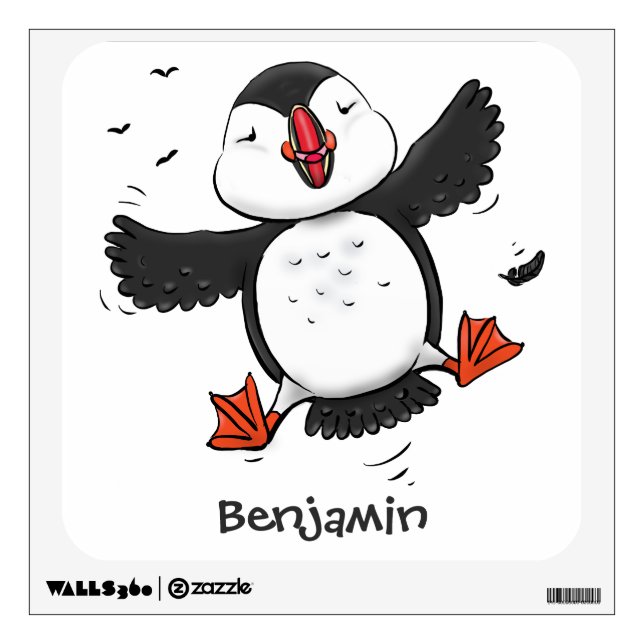 Cute happy flying puffin blue cartoon illustration wall decal (Front)