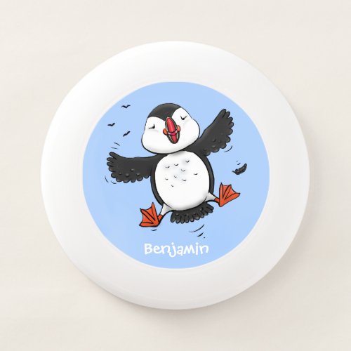 Cute happy flying puffin blue cartoon illustration Wham_O frisbee