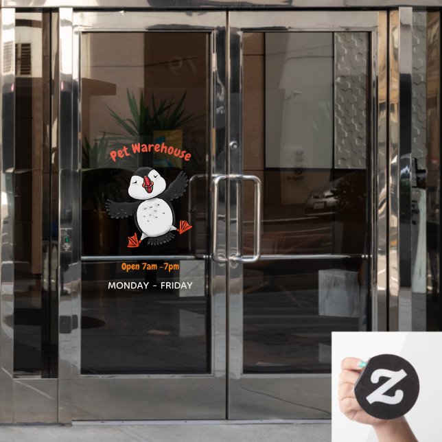 Cute happy flying puffin blue cartoon illustration window cling (Office Door)