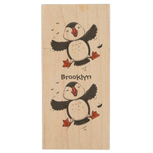 Cute happy flying puffin blue cartoon illustration wood flash drive