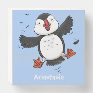 Cute happy flying puffin blue cartoon illustration wooden box sign