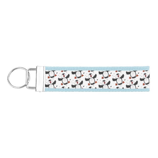 Cute happy flying puffin blue cartoon illustration wrist keychain (Keys on Left)