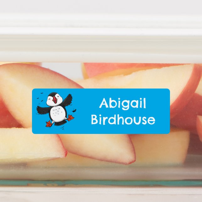 Cute happy flying puffin blue cartoon personalized labels (Affixed)