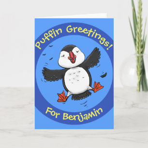 Cute happy flying puffin cartoon illustration card