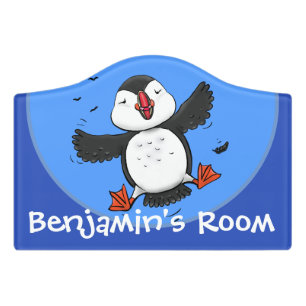 Cute happy flying puffin cartoon illustration door sign