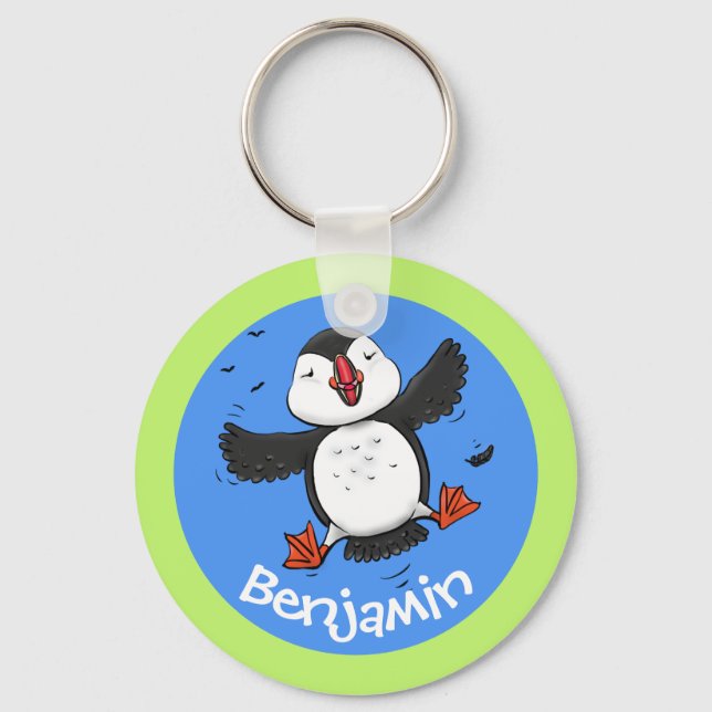 Cute happy flying puffin cartoon illustration keychain (Front)