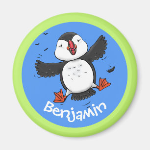 Cute happy flying puffin cartoon illustration magnet