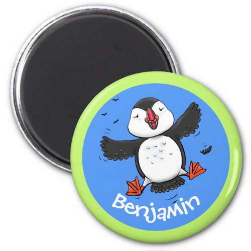 Cute happy flying puffin cartoon illustration magnet