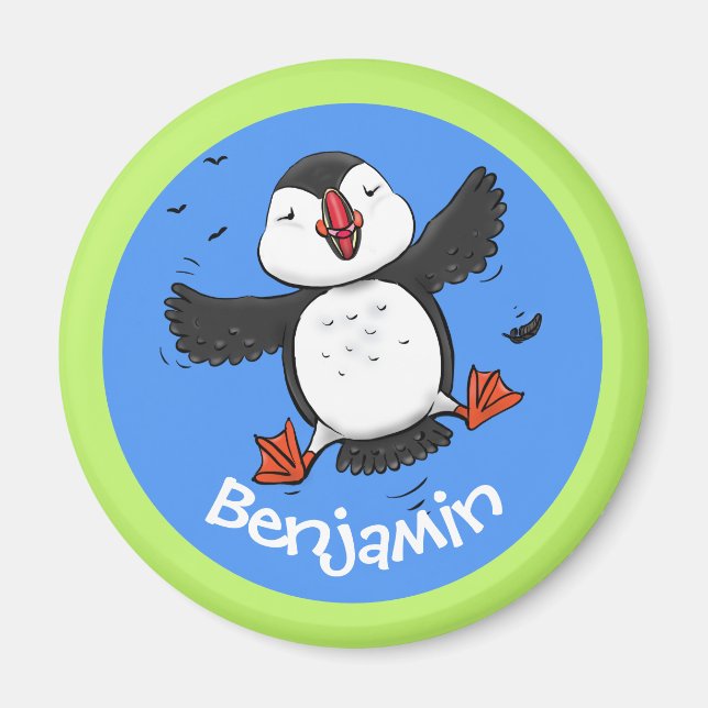 Cute happy flying puffin cartoon illustration magnet (Front)