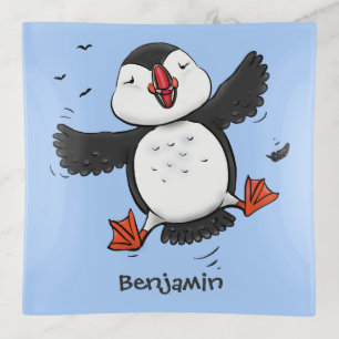 Cute happy flying puffin cartoon illustration trinket tray