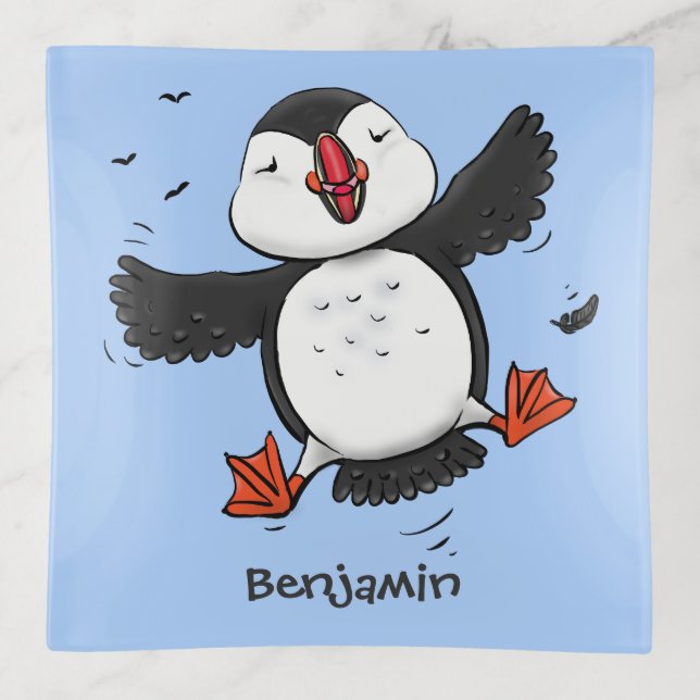 Cute happy flying puffin cartoon illustration trinket tray (Front)