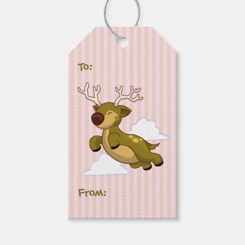 Cute Happy Flying Rudolph Reindeer Pink Stripes Gift Tags