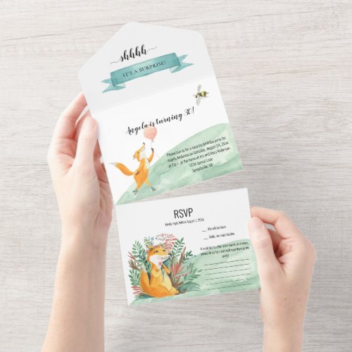 Cute Happy Fox Surprise Birthday Party All In One Invitation
