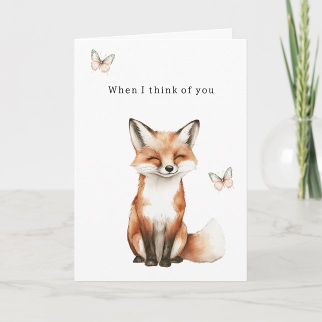 Cute Happy Fox Think of You Butterflies Love Card (Front)