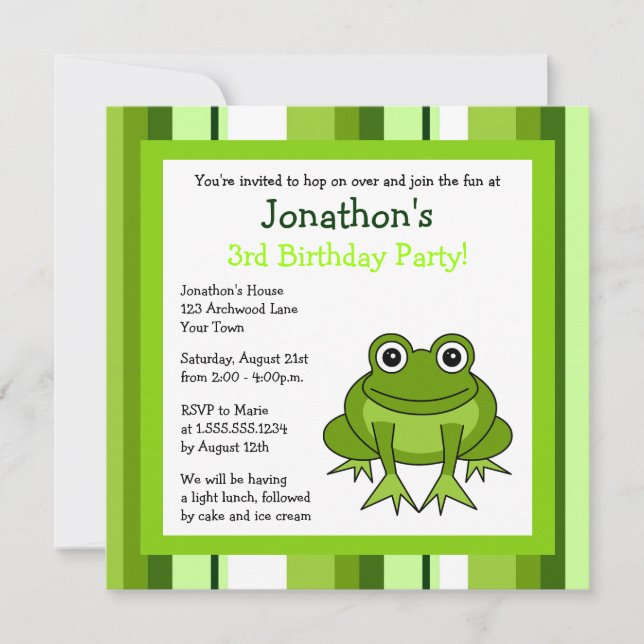 Cute Happy Frog w/ Stripes Birthday Invite (Front)