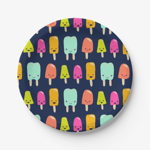 Cute Happy Fruit Popsicle Kawaii Faces Paper Plate