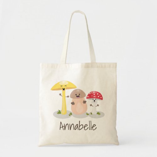 Cute happy fungi mushrooms and toadstools cartoon tote bag