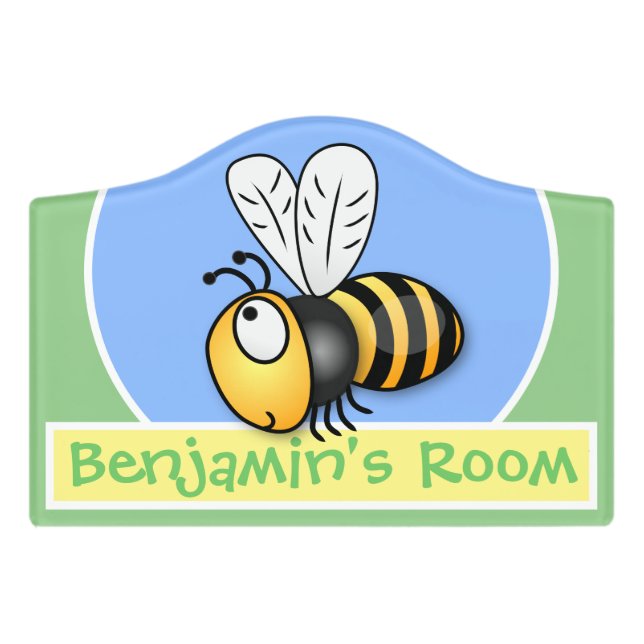 Cute happy funny bee cartoon illustration door sign (Small Crest Front)