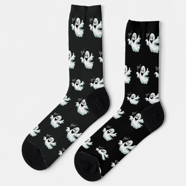 Cute Happy Ghost Black Socks (Left)