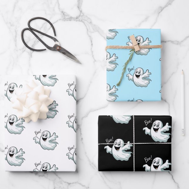 Cute Happy Ghost Wrapping Paper Sheets (Front)