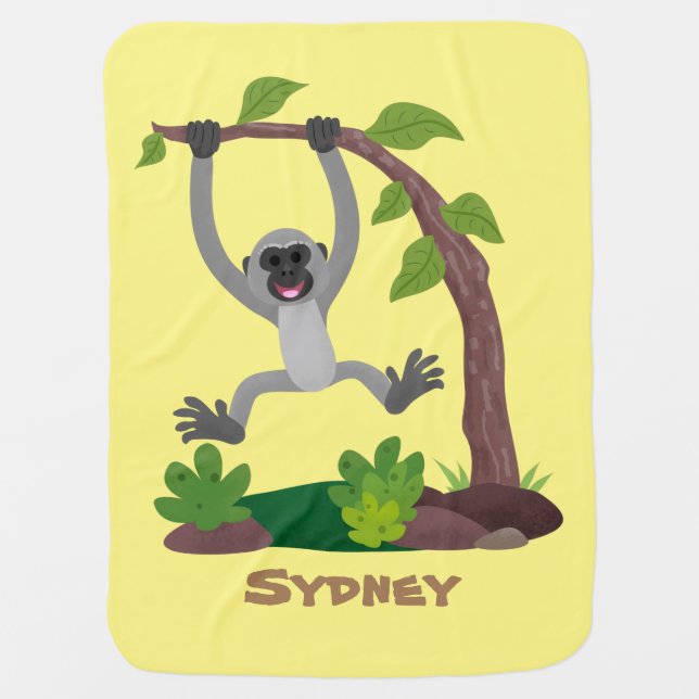Cute happy gibbon ape cartoon illustration baby blanket (Front)