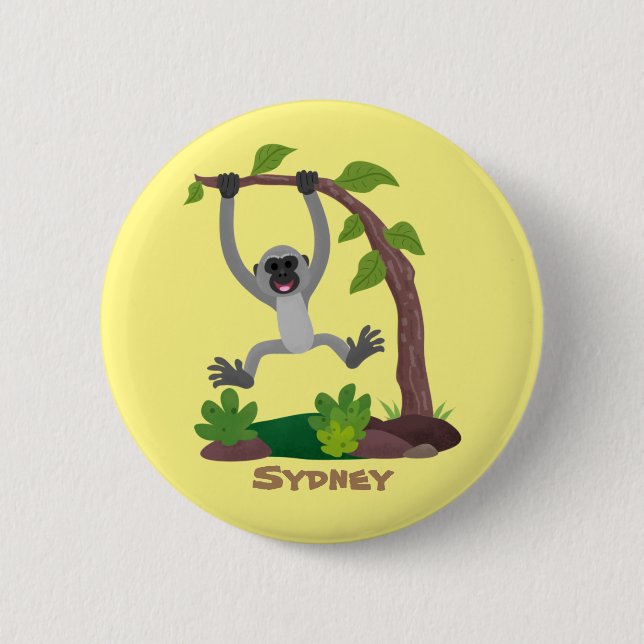 Cute happy gibbon ape cartoon illustration button (Front)