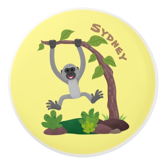 Cute happy gibbon ape cartoon illustration ceramic knob (Front)