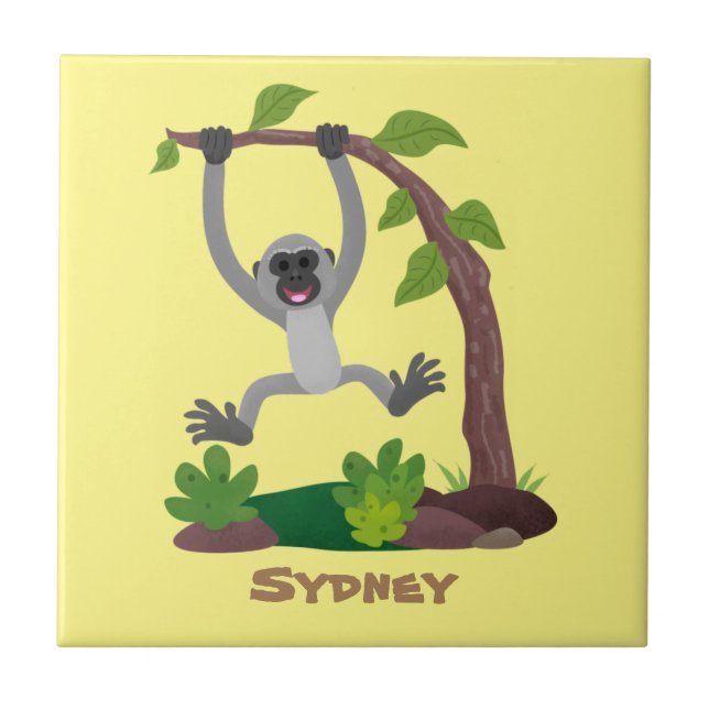 Cute happy gibbon ape cartoon illustration ceramic tile (Front)