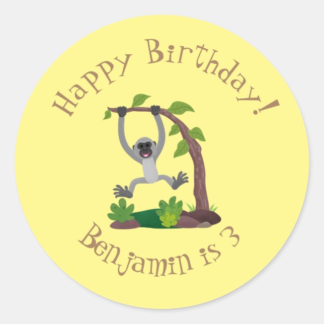 Cute happy gibbon ape cartoon illustration classic round sticker (Front)