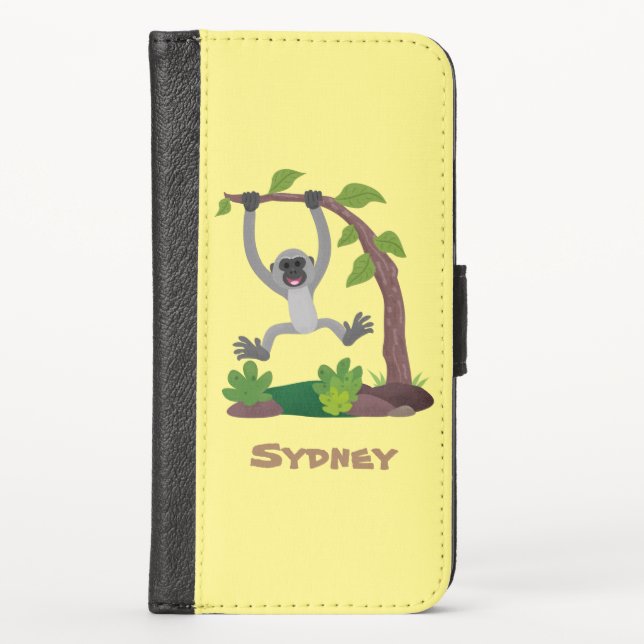 Cute happy gibbon ape cartoon illustration iPhone wallet case (Front)