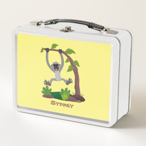 Cute happy gibbon ape cartoon illustration metal lunch box