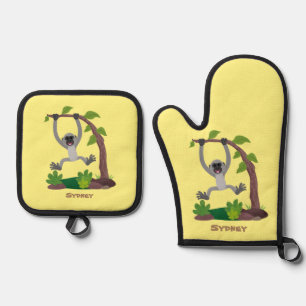 Cute happy gibbon ape cartoon illustration oven mitt & pot holder set