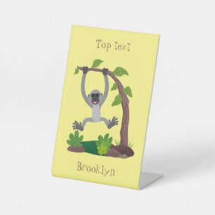 Cute happy gibbon ape cartoon illustration pedestal sign