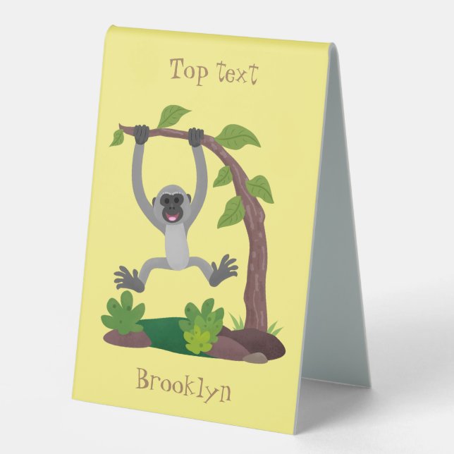 Cute happy gibbon ape cartoon illustration table tent (Front)