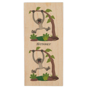 Cute happy gibbon ape cartoon illustration wood flash drive