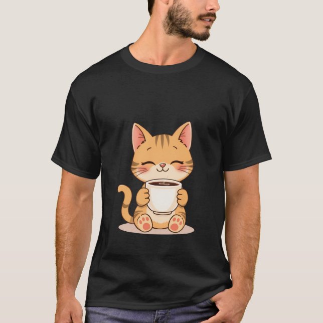 Cute Happy Ginger Cat Sips Warm Coffee Mug ✨🐾☕ T-Shirt (Front)